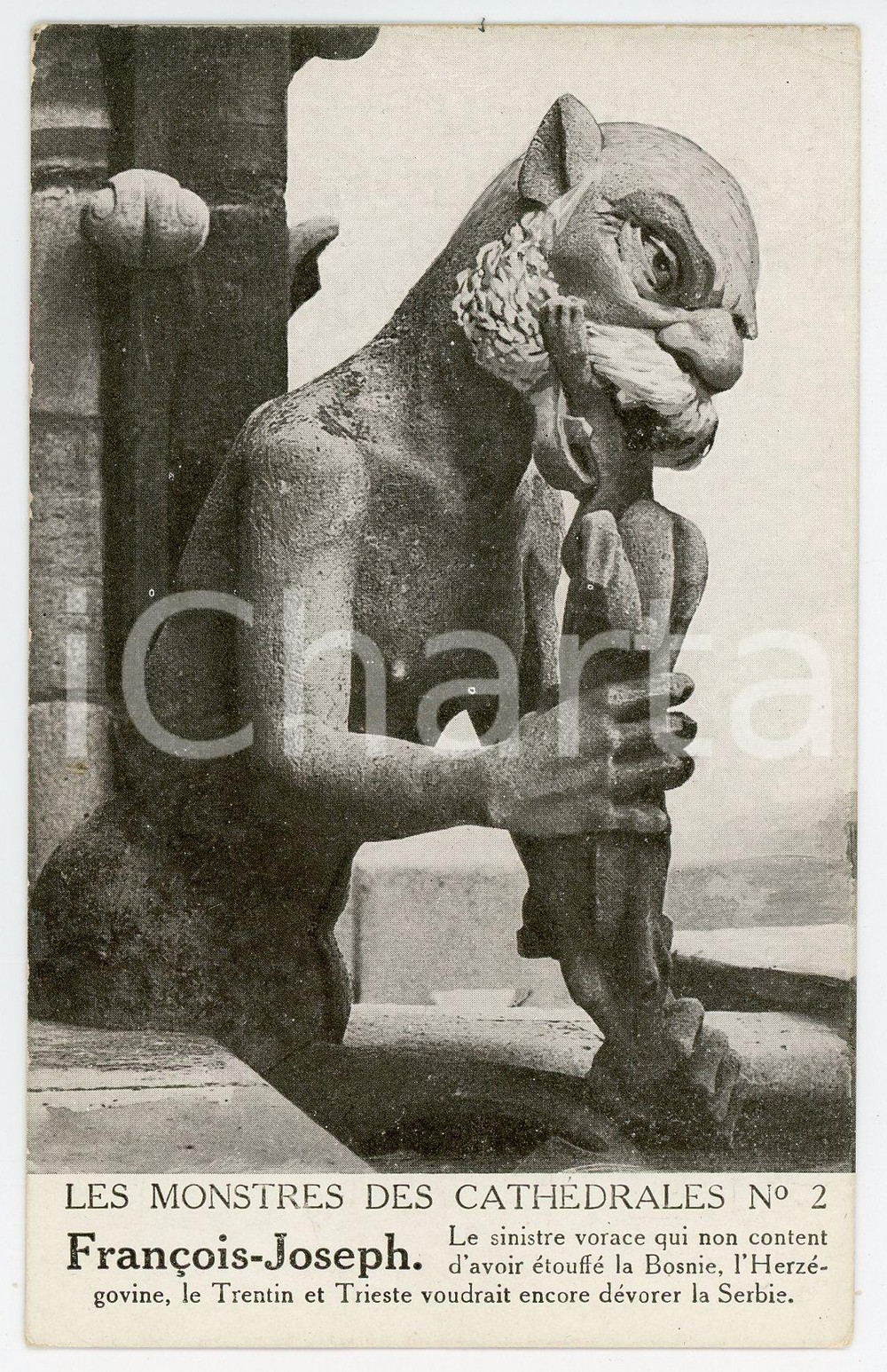 1915 ca WW1 - SATIRE Monstres des Cathédrales - Franz Joseph I - Postcard FP NV  Cartolina postale d'epoca, viaggiata. FAIR/discreto Lievi smussature agli angoli Formato: FP originale e autentica 1