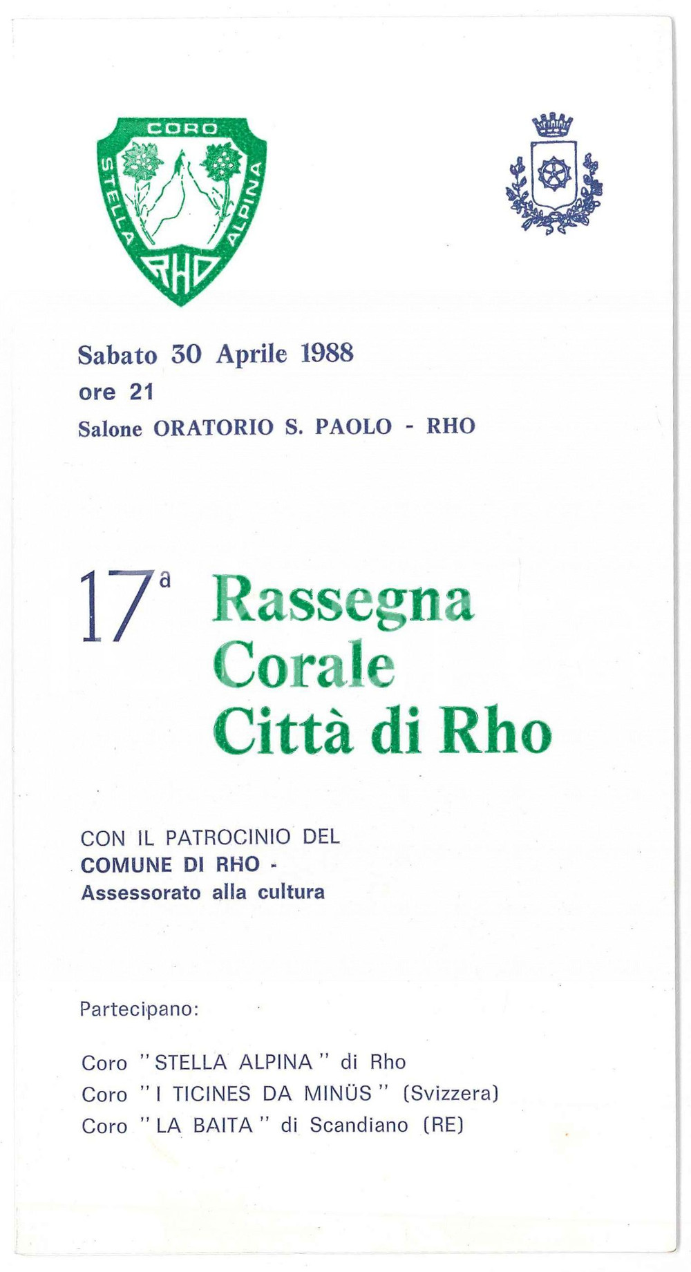 Materiale pubblicitario d’epoca 1988 RHO 17 Rassegna Corale CITTA  DI RHO  Oratorio S. PAOLO Programma 1