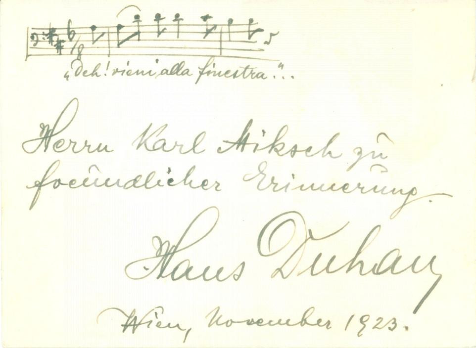Autografo originale 1923 WIEN Baritono Hans DUHAN all attore Karl MIKSCH Dedica AUTOGRAFA 1