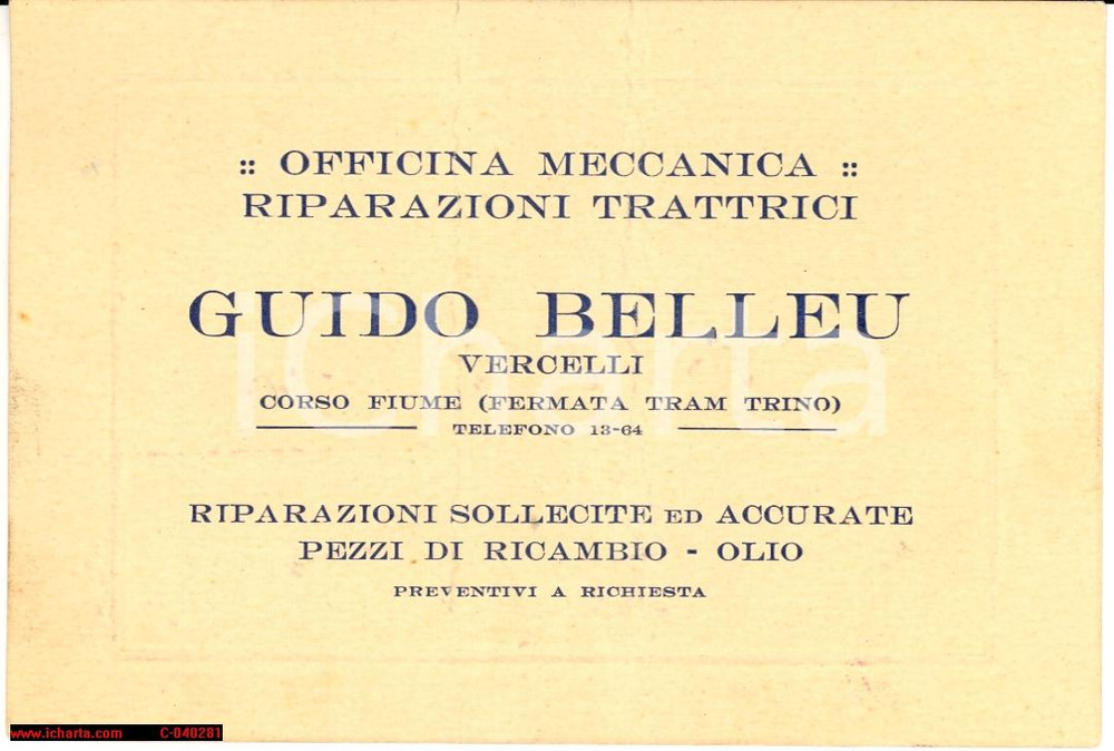 Documento originale, autentico 1931 VERCELLI Guido BELLEU Officina Meccanica biglietto 1