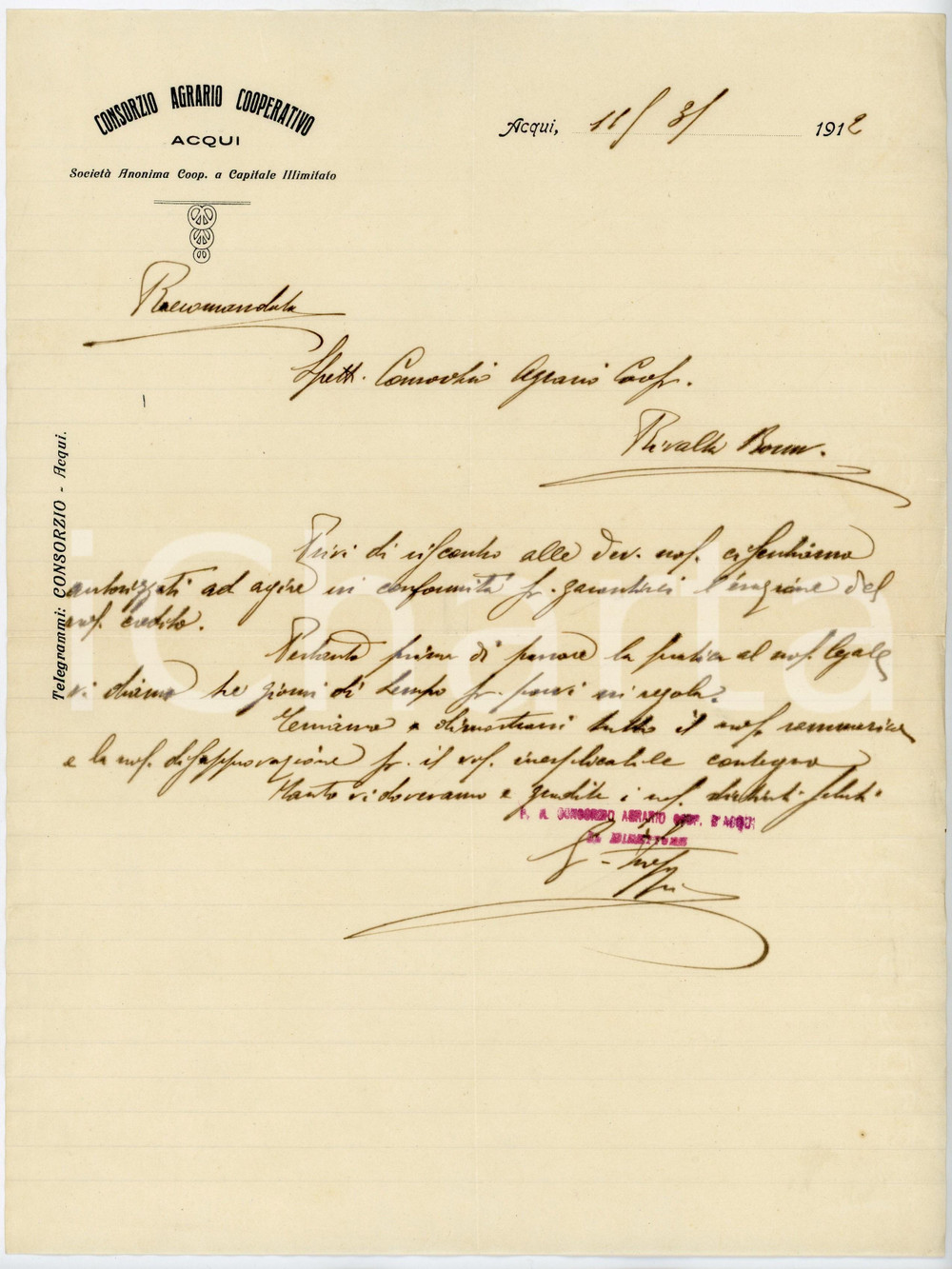 Documento originale, autentico 1912 ACQUI TERME AL Consorzio Agrario Cooperativo sollecita pagamento Lettera 1