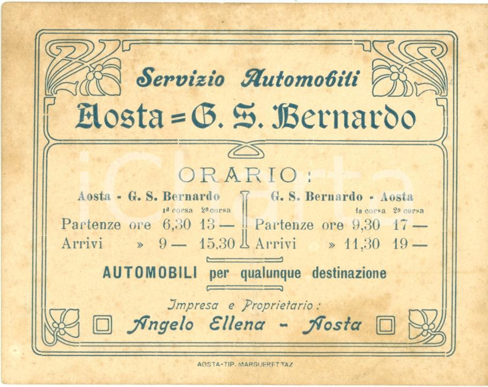 Materiale pubblicitario d’epoca 1920 ca AOSTA Angelo ELLENA Servizi automobili per GRAN SAN BERNARDO Biglietto 1