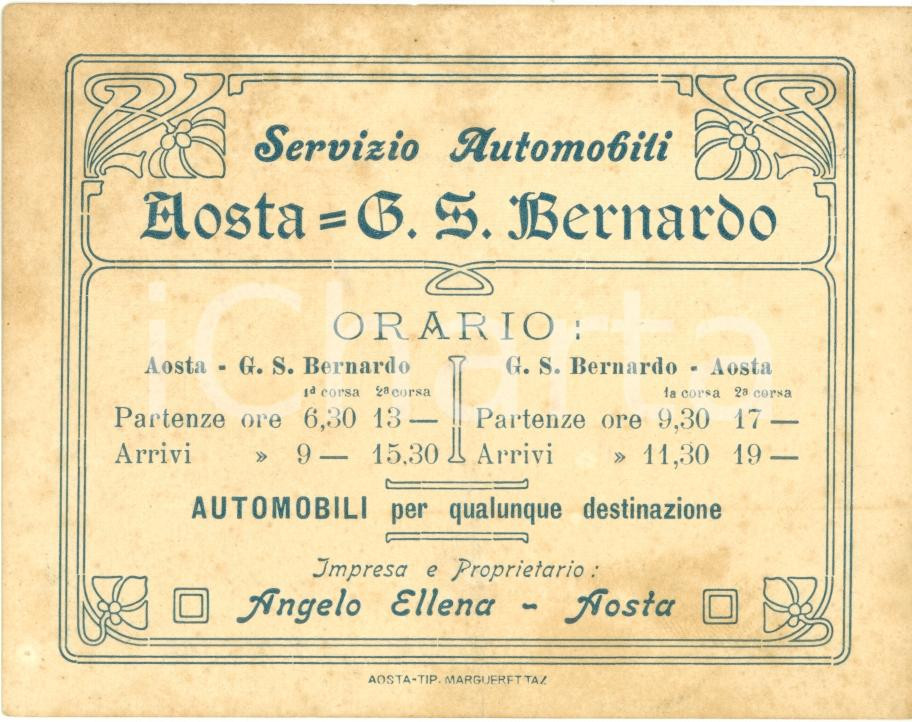 Materiale pubblicitario d’epoca 1920 ca AOSTA Angelo ELLENA Servizi automobili per GRAN SAN BERNARDO Biglietto 1