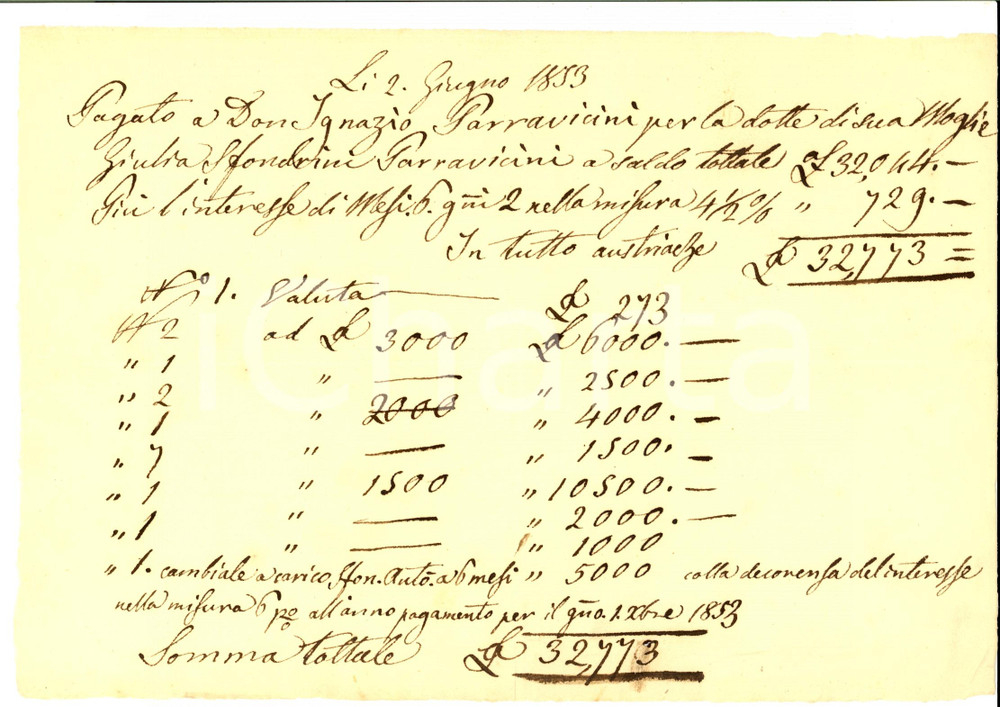 Documento originale, autentico 1853 MILANO Versamento dote nobile Giulia SFONDRINI PARRAVICINI Manoscritto 1