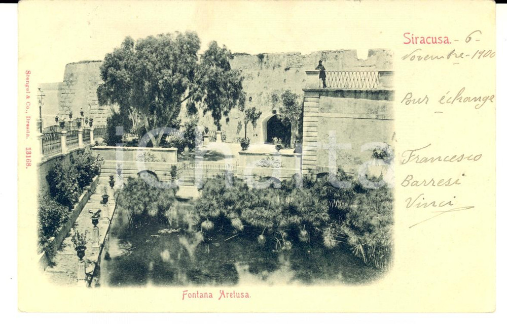 Autografo originale 1900 SIRACUSA Fontana Aretusa Cartolina Francesco BARRESI VINCI  FP VG 1