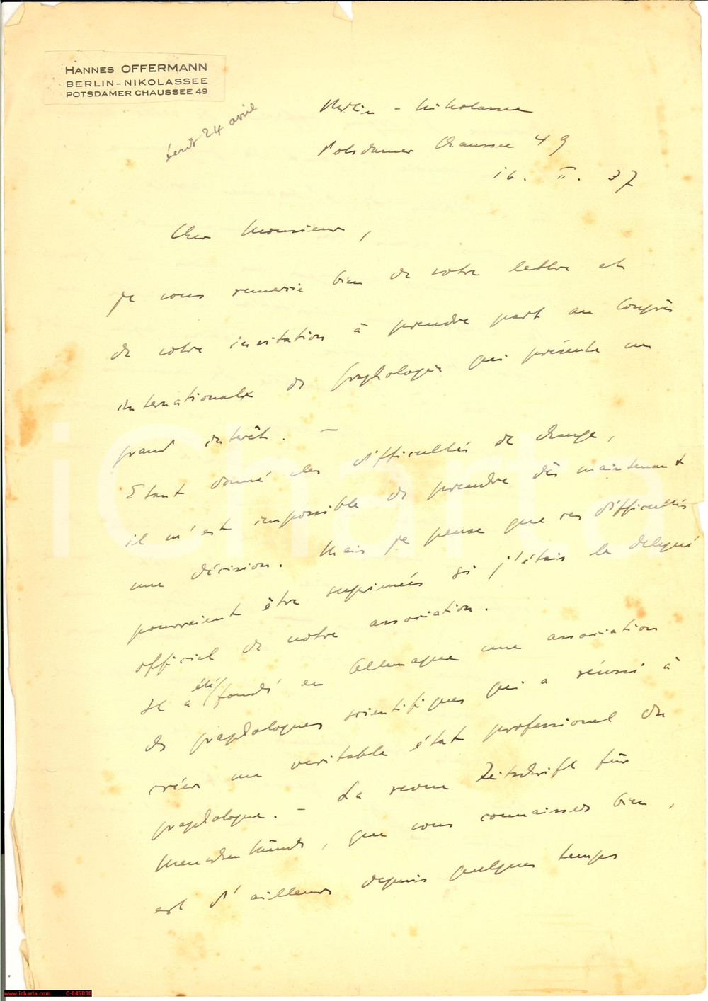 Autografo originale 1937 BERLINO Prima società grafologia Hannes OFFERMANN 1