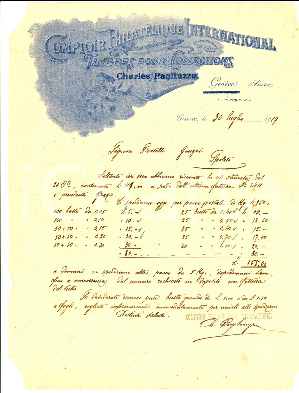 Documento originale, autentico 1919 GENEVE COMPTOIR PHILATELIQUE Charles PAGLIUZZA su spedizione pacco Lettera 1