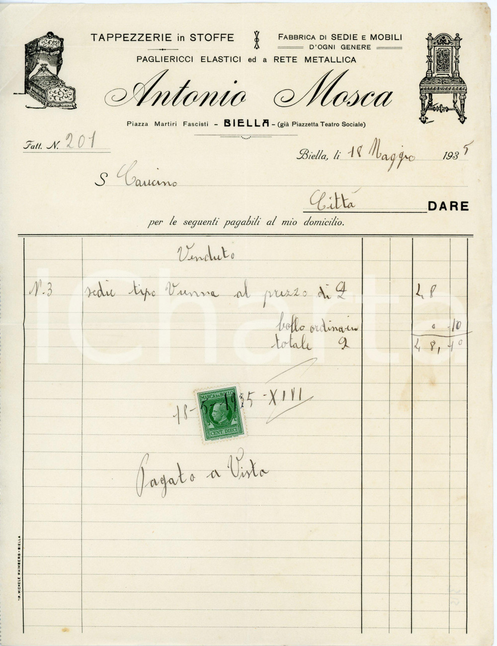 1935 BIELLA Antonio MOSCA Fabbrica di sedie e mobili - Tappezzeria - Fattura Lettera commerciale d'epoca, su carta intestata, manoscritta, illustrata.CONDIZIONI: FAIR (piegature d'epoca, gualciture)PAGINE: 1    originale e autentica 1
