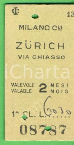 Oggetto da collezione cartaceo 1967 FERROVIE Biglietto MILANOZURIGO via Chiasso PRIMA CLASSE 1