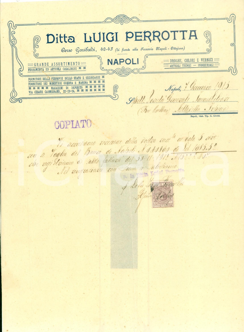 Documento originale, autentico 1913 NAPOLI Luigi PERROTTA ferramenta casalinghi droghe vernici Fattura 1