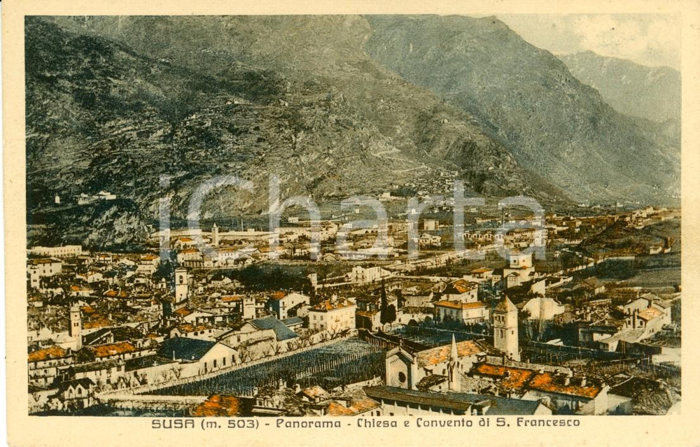 Cartolina originale da collezione 1931 SUSA (TO) Panorama con Chiesa e Convento di SAN FRANCESCO *Cartolina FP VG 1