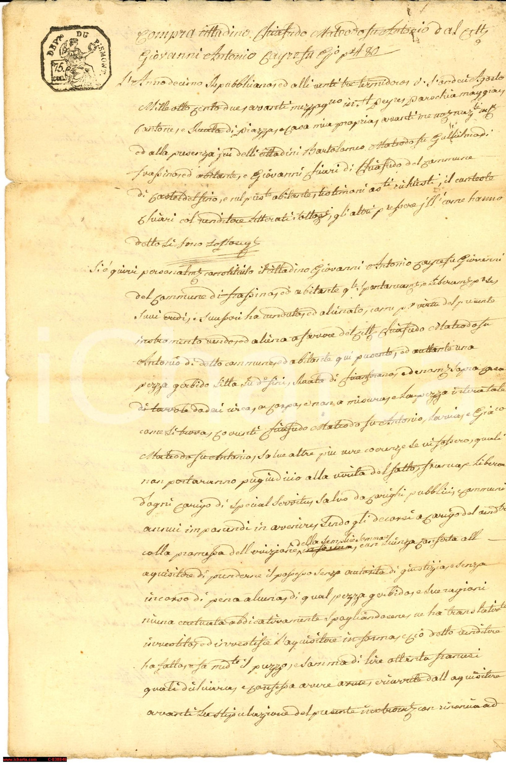 Manoscritto, lettera originale 1802 FRASSINO (CN) MATTIODA compra casa con gerbido 1