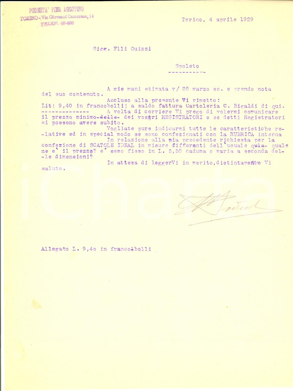 Documento originale, autentico 1929 TORINO Pier Agostino PODESTA  ordina registratori e scatole IDEAL Lettera 1