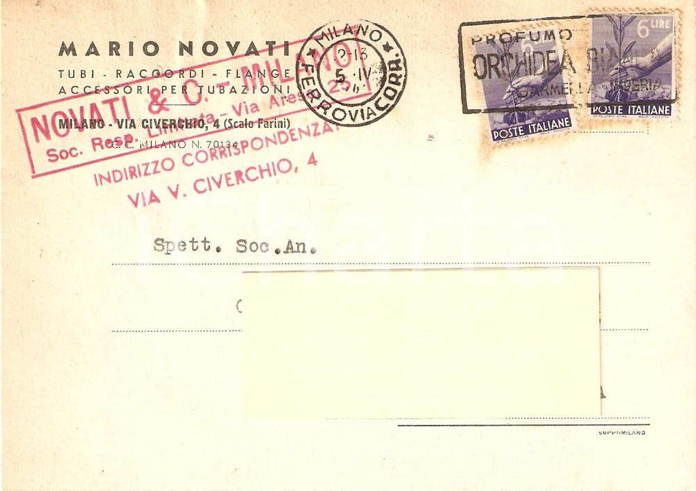 Cartolina originale da collezione 1949 MILANO Ditta Mario NOVATI Tubi Raccordi Flange Cartolina Commerciale 1