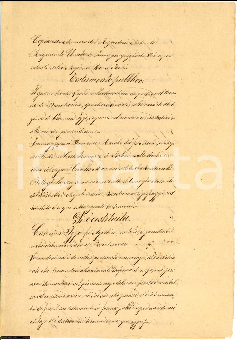 Documento originale, autentico 1884 BOSCOTRECASE (NA) Caterina IZZO ereditÃ  a sorelle 1