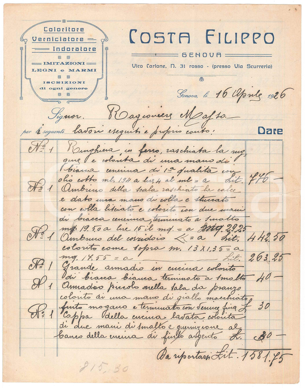 Documento originale, autentico 1926 GENOVA Vico Carlone  Filippo COSTA Coloritore e verniciatore  Fattura 1