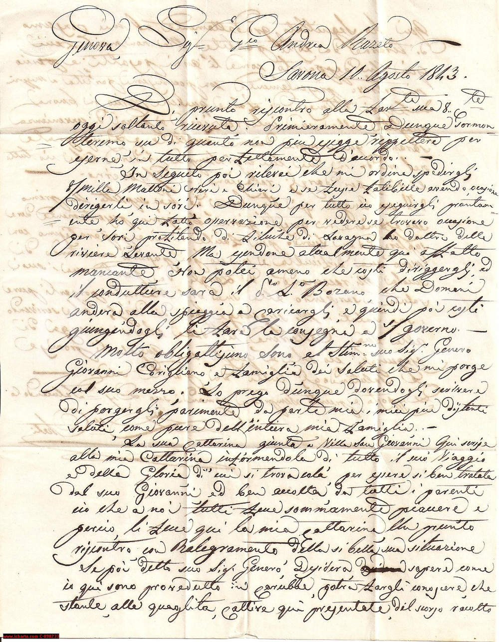 Manoscritto, lettera originale 1843 SORI GENOVA Il mercante Domenico CHETI imbarca 7.000  mattoni neri e chiari 1