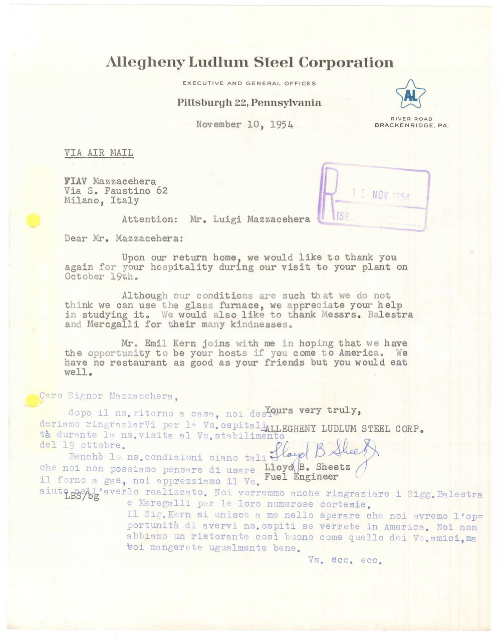 Manoscritto, lettera originale 1954 PITTSBURGH Allegheny Ludlum Steel Corporation  Lloyd B. SHEETZ Autograph 1