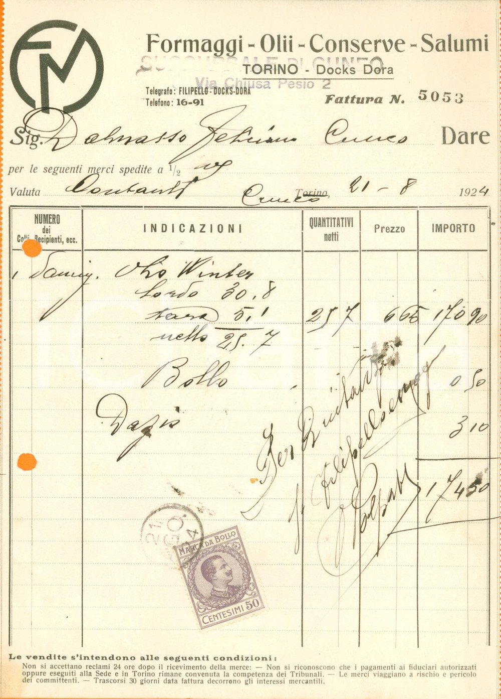 Documento originale, autentico 1924 TORINO Formaggi e conserve FILIPELLO ai DOCKS DORA Fattura 2 1