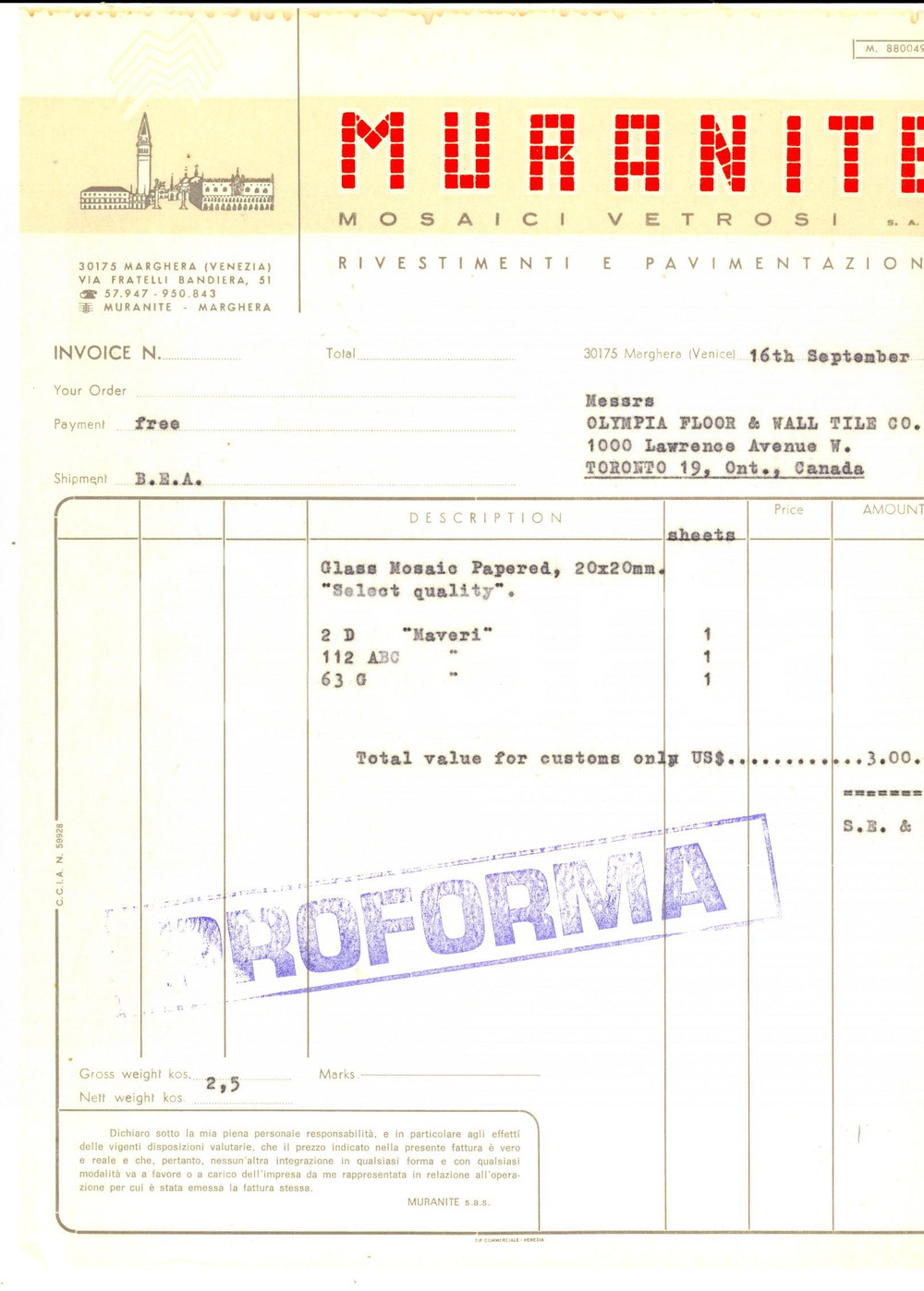 Documento originale, autentico 1970 VENEZIA MARGHERA Ditta MURANITE Mosaici vetrosi Proforma intestata 1