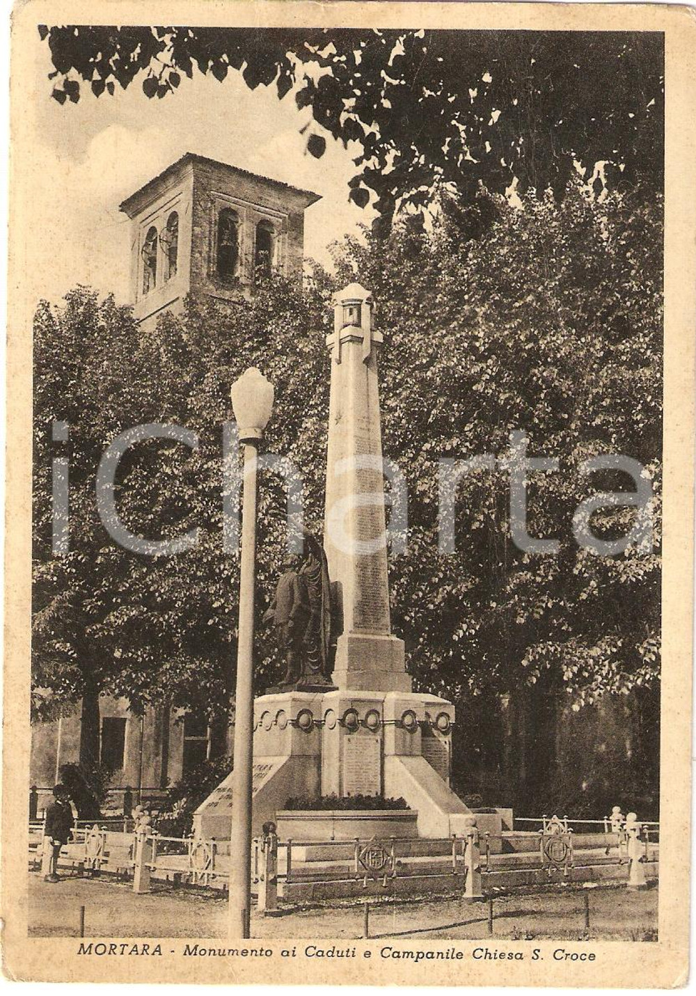 Cartolina originale da collezione 1955 MORTARA PV Campanile Chiesa SANTA CROCE Monumento caduti Cartolina FG VG 1