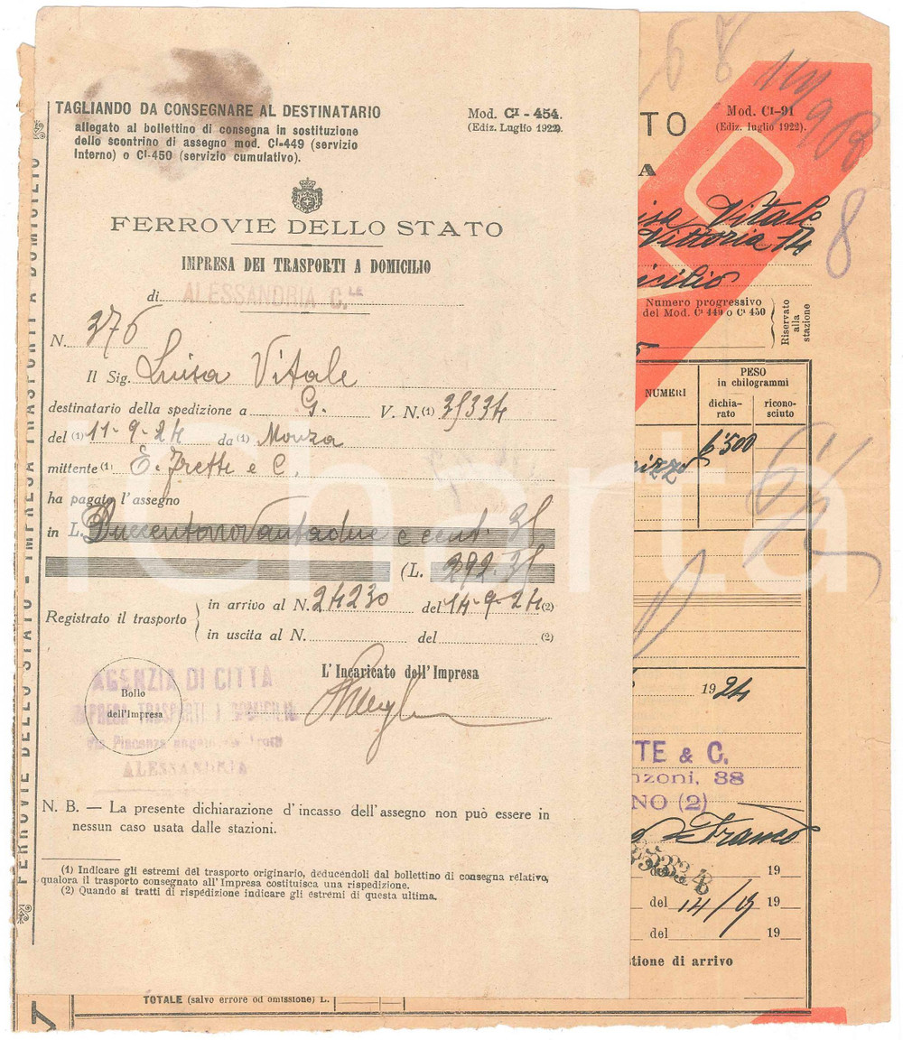Documento originale, autentico 1924 FERROVIE DELLO STATO Bollettino consegna tessuti di lino ditta FRETTE 1