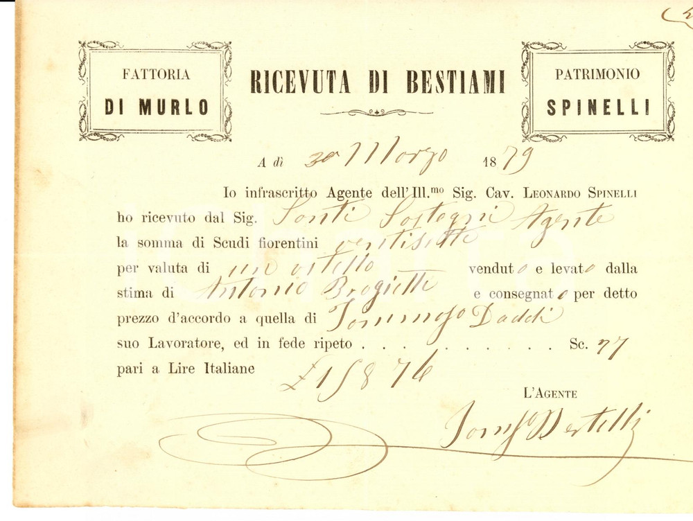 Documento originale, autentico 1879 SAN CASCIANO VAL DI PESA (FI) Ricevuta VILLA MURLO 1