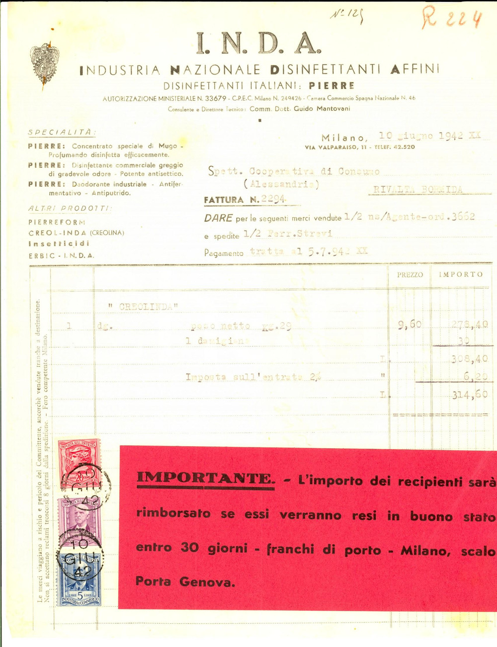 Documento originale, autentico 1942 MILANO INDA Industria Nazionale Disinfettanti Affini Fattura intestata 1