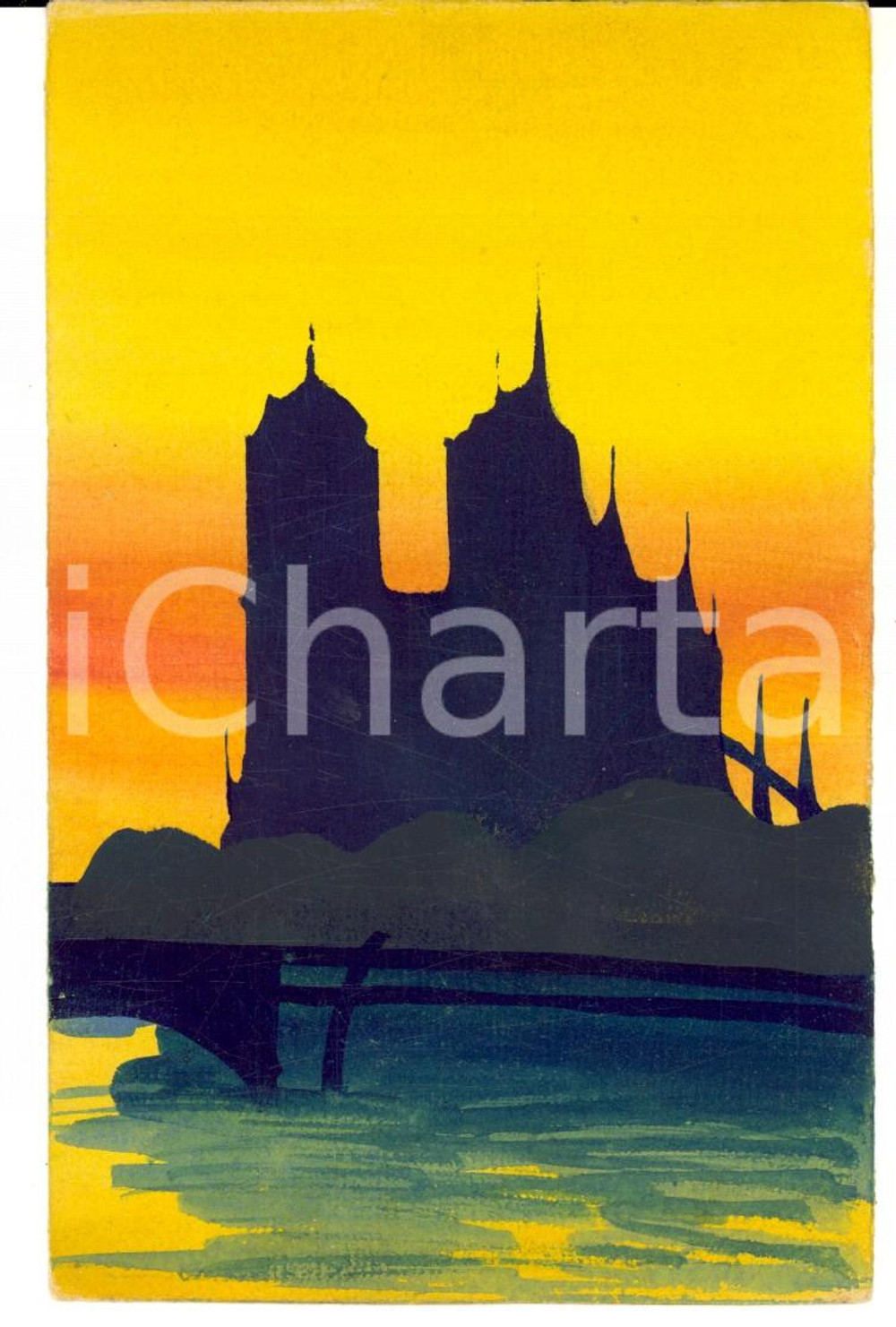 Opera d’arte autentica 1920 ca Profilo di un castello al tramonto Bozzetto artistico DIPINTO A MANO 1