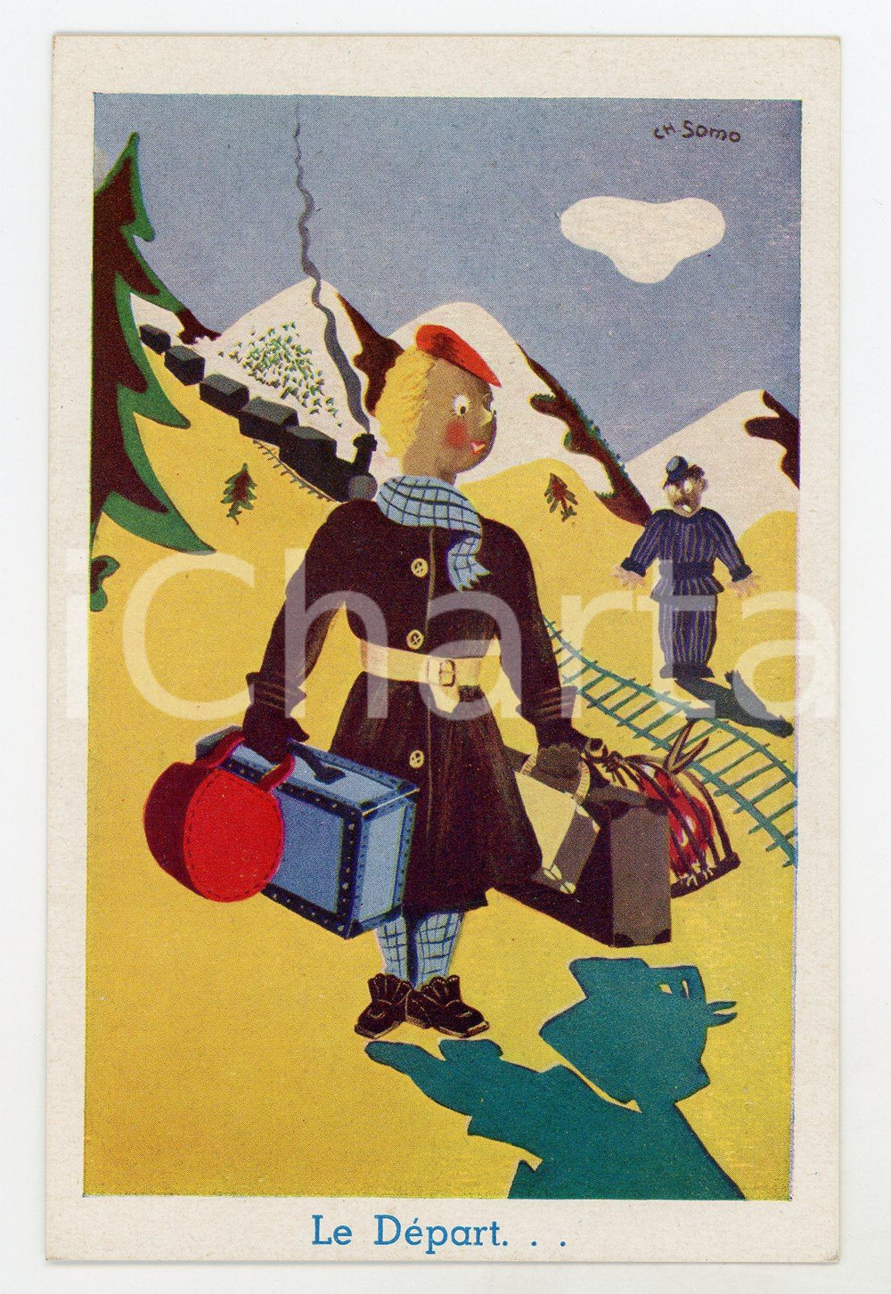 1955 ca FRANCE COSTUMES Le départ - Illustration de CH. SOMO Carte postale FP NV  Cartolina postale d'epoca, non viaggiata.CONDIZIONI: GFORMATO: FP    originale e autentica 1
