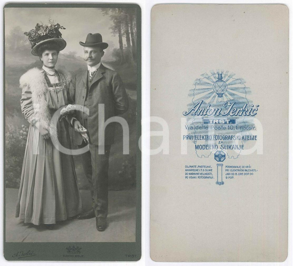 Fotografia d epoca originale 1905 ca TRIESTE Ritratto di una coppia di sposi Foto Anton JERKIC 11x20 cm 1