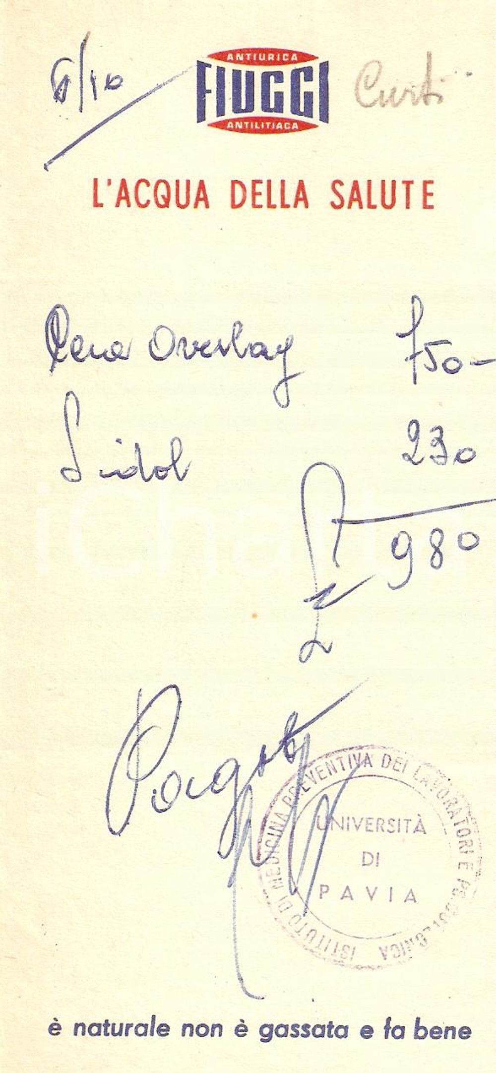 Materiale pubblicitario d’epoca 1965 ca FIUGGI Acqua della salute Antiurica Antilitiaca ^Ricevuta 8x16 cm 1