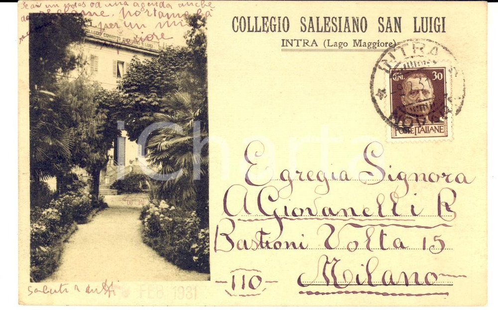 Cartolina originale da collezione 1931 VERBANIA INTRA Collegio Salesiano SAN LUIGI Alunno Gian Luigi GIOVANELLI 1