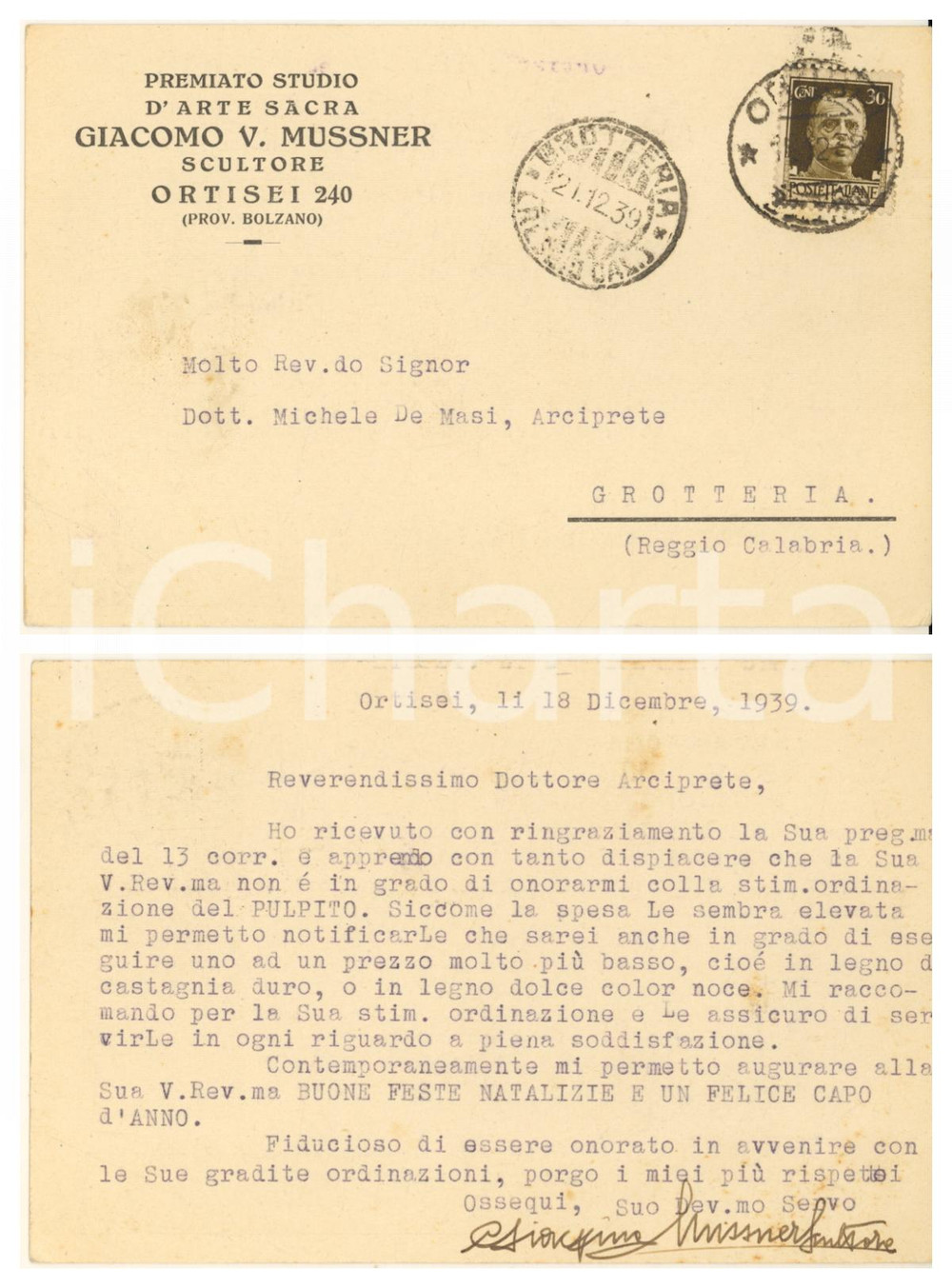 Autografo originale 1939 ORTISEI Studio arte sacra Giacomo MUSSNER scultore Cartolina autografa 1