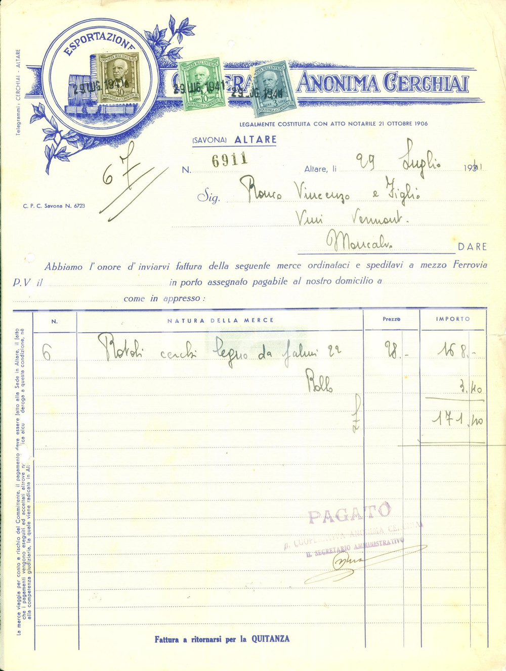 Documento originale, autentico 1941 ALTARE (SV) Cooperativa Anonima Cerchiai *Fattura commerciale intestata 1