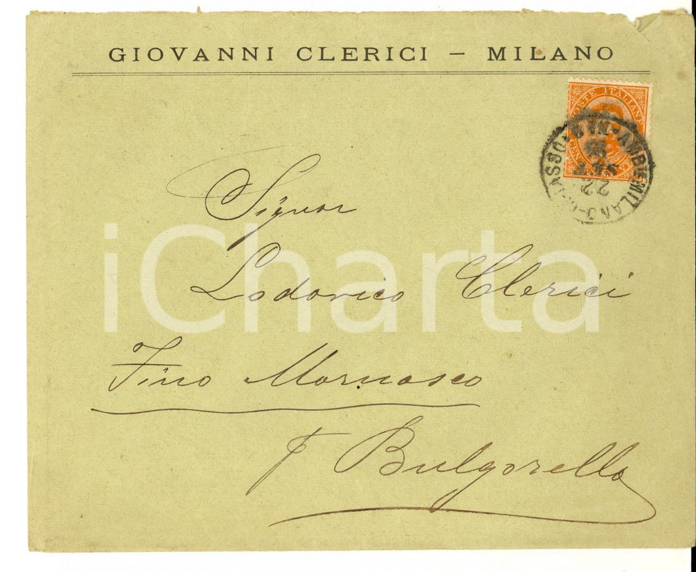 Documento originale, autentico 1894 STORIA POSTALE REGNO MILANO Busta intestata Giovanni CLERICI 1