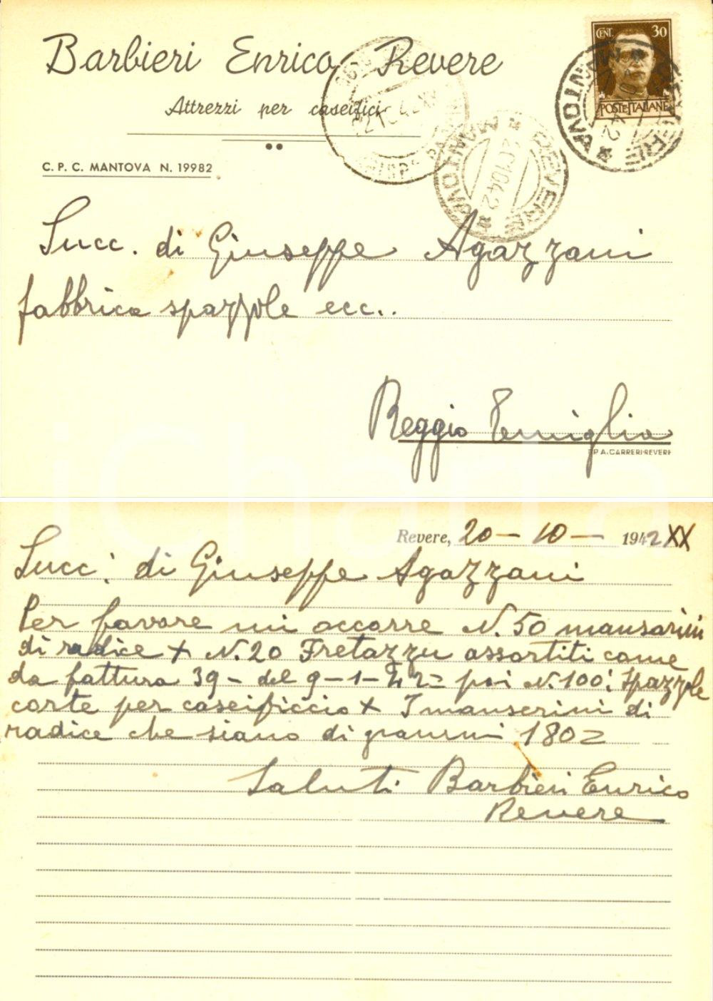 Cartolina originale da collezione 1942 REVERE MN Ditta BARBIERI richiesta spazzole ditta AGAZZANI DANNEGGIATA 1