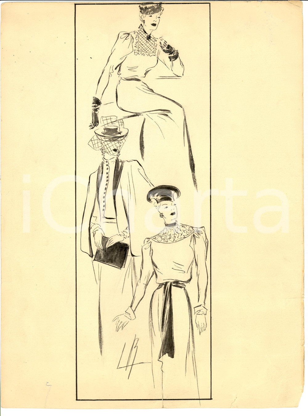 Stampa, bozzetto originale 1939 Moda donna ANNI  30 Bozzetto abiti invernali con cappelli AUTOGRAFO 1