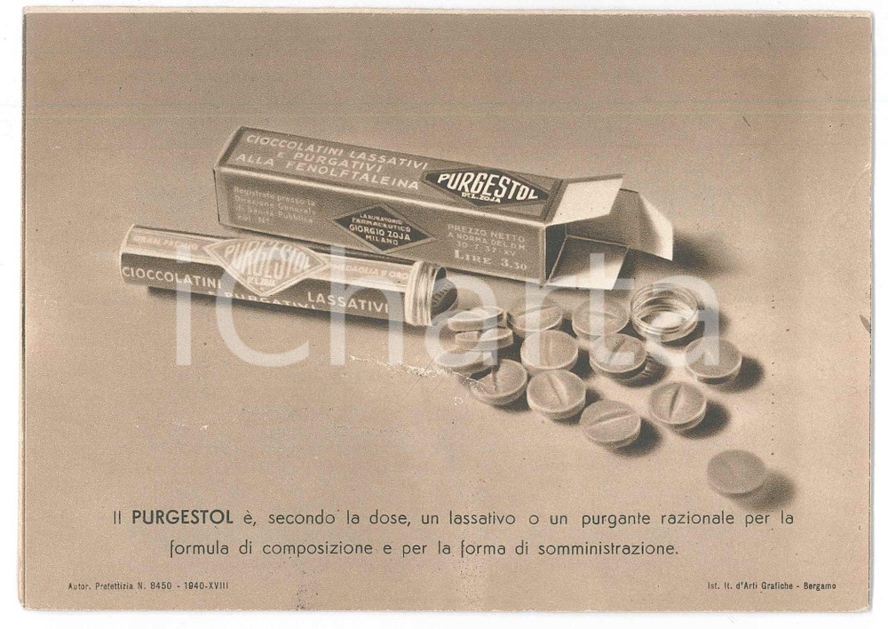 Materiale pubblicitario d’epoca 1940 MILANO FARMACEUTICA Giorgio ZOJA  Biglietto PURGESTOL Serie giottesca 1