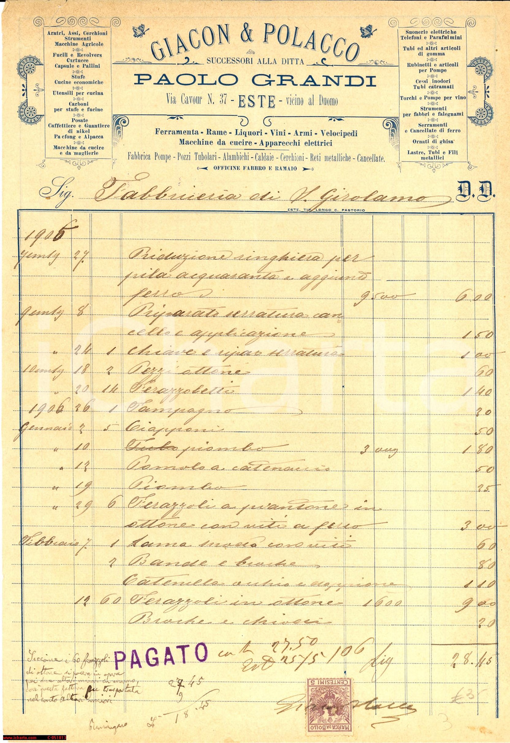 Documento originale, autentico 1906 ESTE (PD) Conto del ferramenta GIACON & POLACCO 1