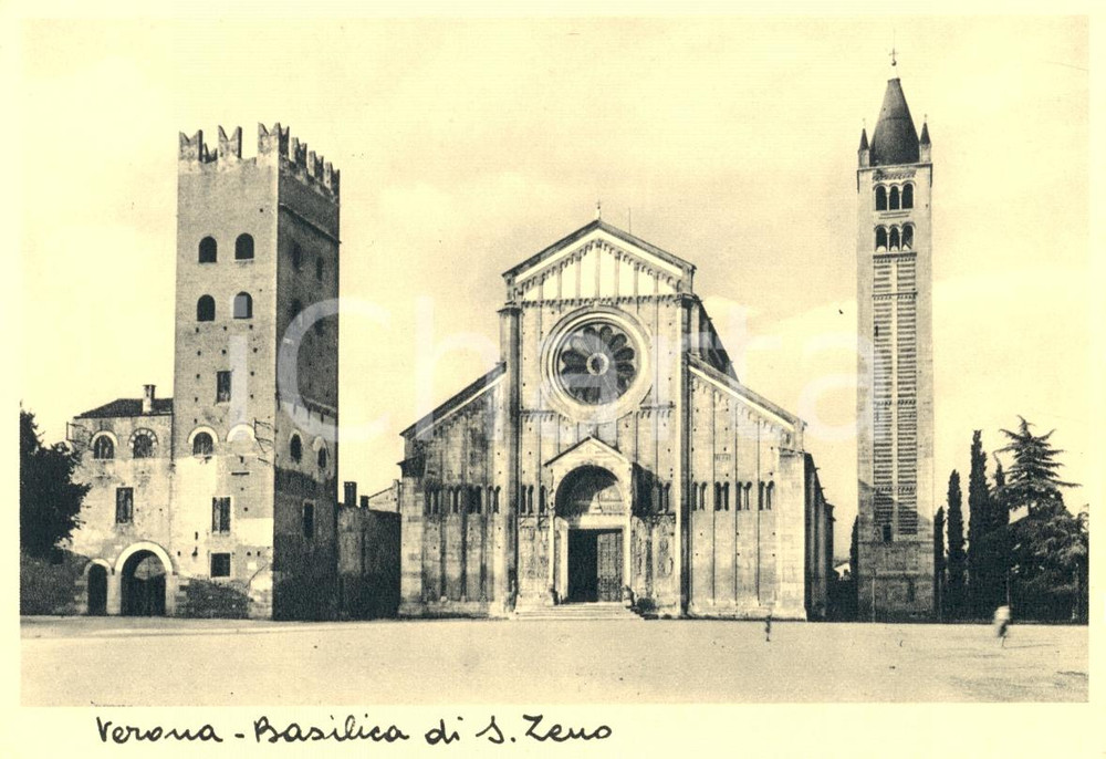 Cartolina originale da collezione 1939 VERONA Veduta della Piazza  BASILICA DI SAN ZENO Cartolina animata FG NV 1