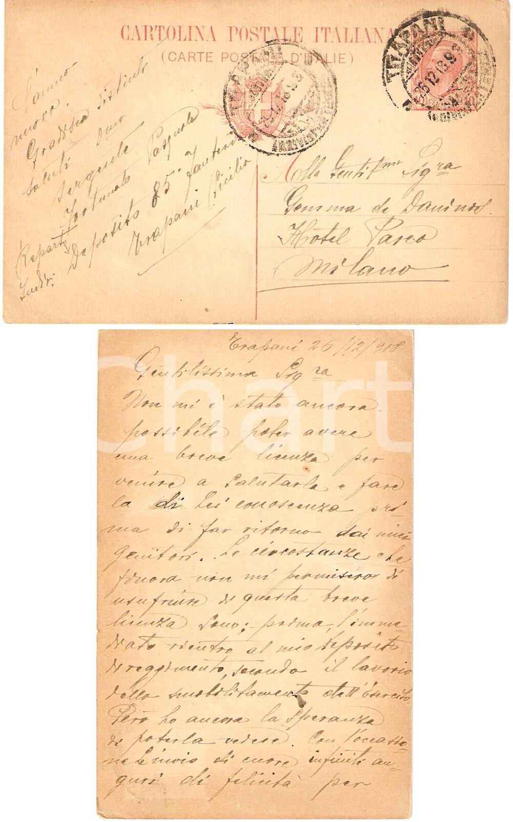 Documento originale, autentico 1918 TRAPANI Sergente Pasquale FORTUNATO a Gemma DE DANINOS Cartolina FP VG 1
