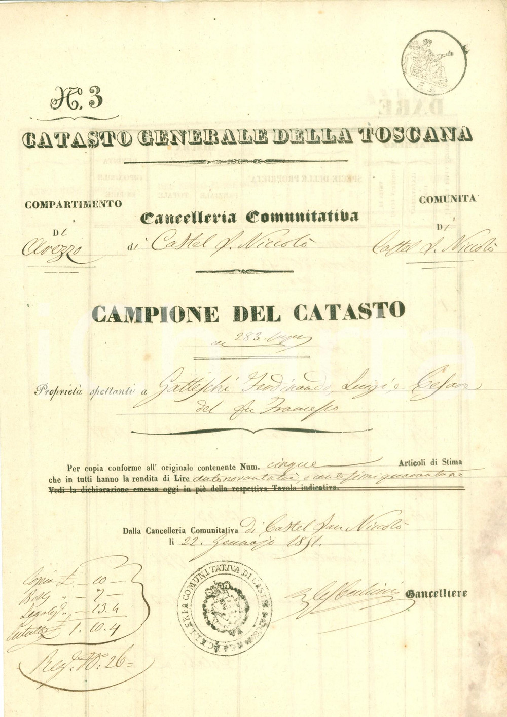 Documento originale, autentico 1851 CASTEL SAN NICCOLO  AR Casa e campi di Ferdinando, Luigi e Cesare GATTESCHI 1