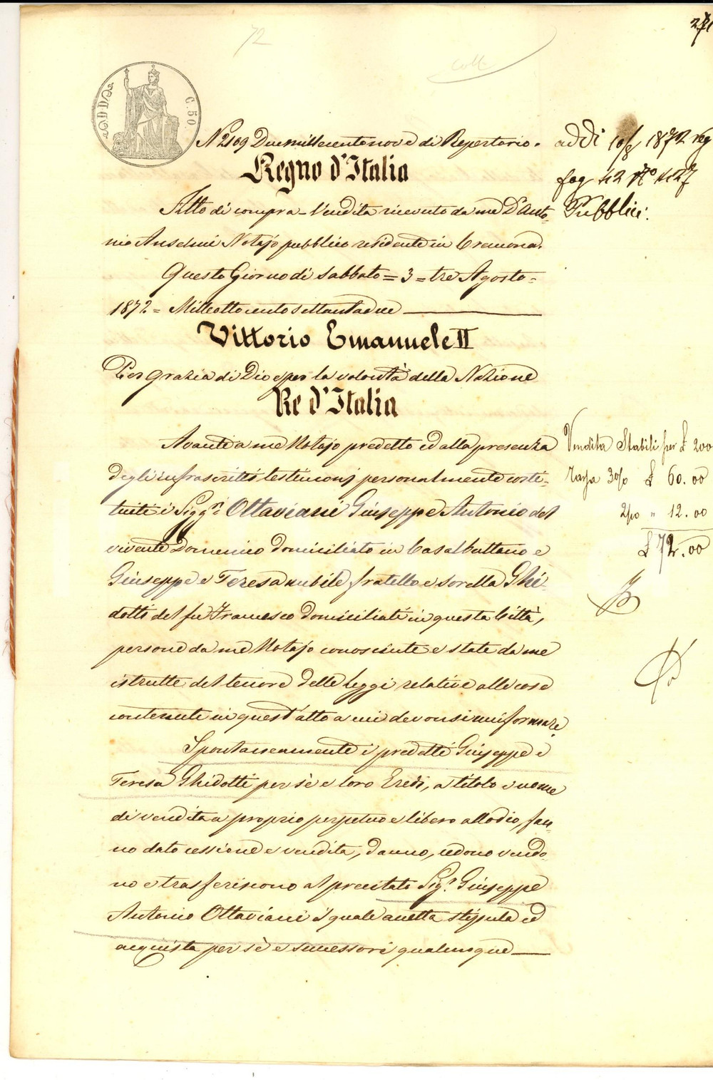 Documento originale, autentico 1872 CASALBUTTANO Giuseppe e Teresa GHIDOTTI vendono casa a Giuseppe OTTAVIANI 1
