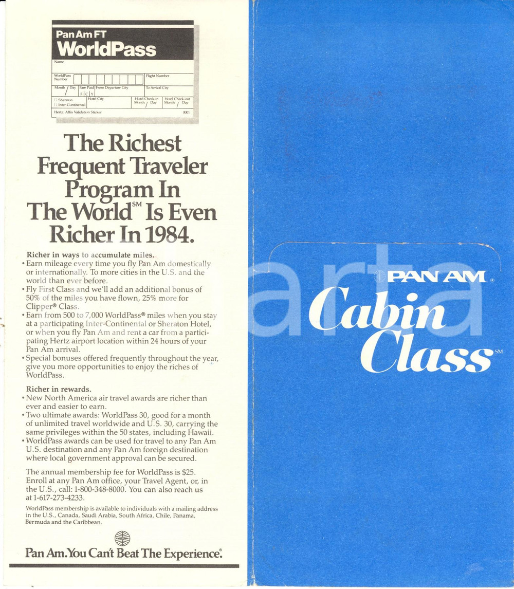 Materiale pubblicitario d’epoca 1983 NEW YORK USA PAN AMERICAN AIRWAYS Cabin Class Opuscolo portabiglietto 1