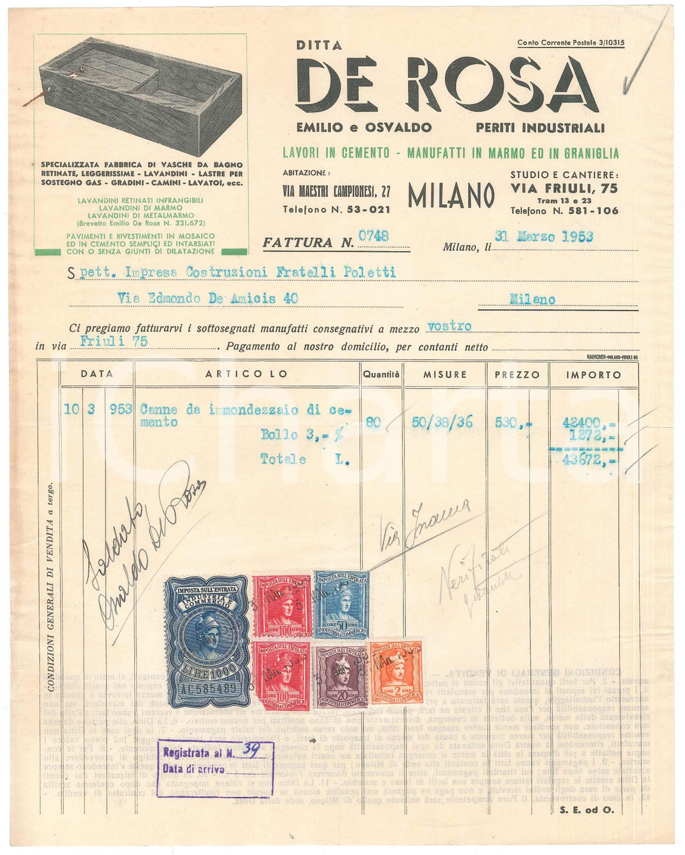Documento originale, autentico 1953 MILANO Via Friuli 75  Emilio e Osvaldo DE ROSA Lavori in cemento Fattura 1