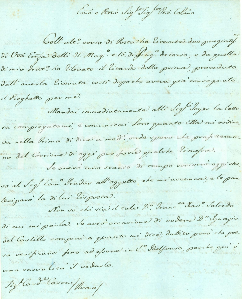 Autografo originale 1806 MADRID Lattuga fagioli Card Filippo CASONI AUTOGRAFO Giovanni Battista FINI 1
