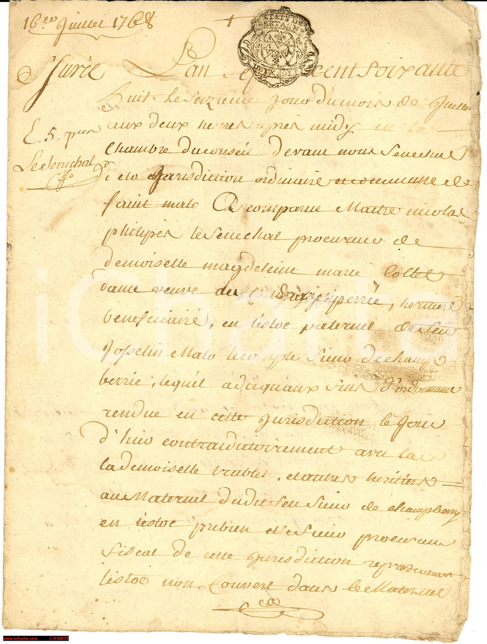 Documento originale, autentico 1768 SAINTMALO Nicolas PHILIPET procureur dame COLTEL Manoscritto 1