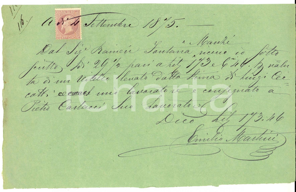 Documento originale, autentico 1875 FIRENZE ? Ricevuta Emilio MARTINI a Ranieri FONTANA per un vitello 1