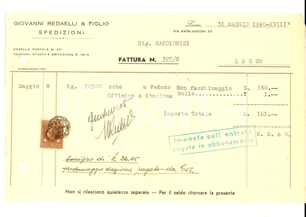 Documento originale, autentico 1940 LECCO Giovanni REDAELLI & Figlio  Spedizioni Fattura per trasporto 1